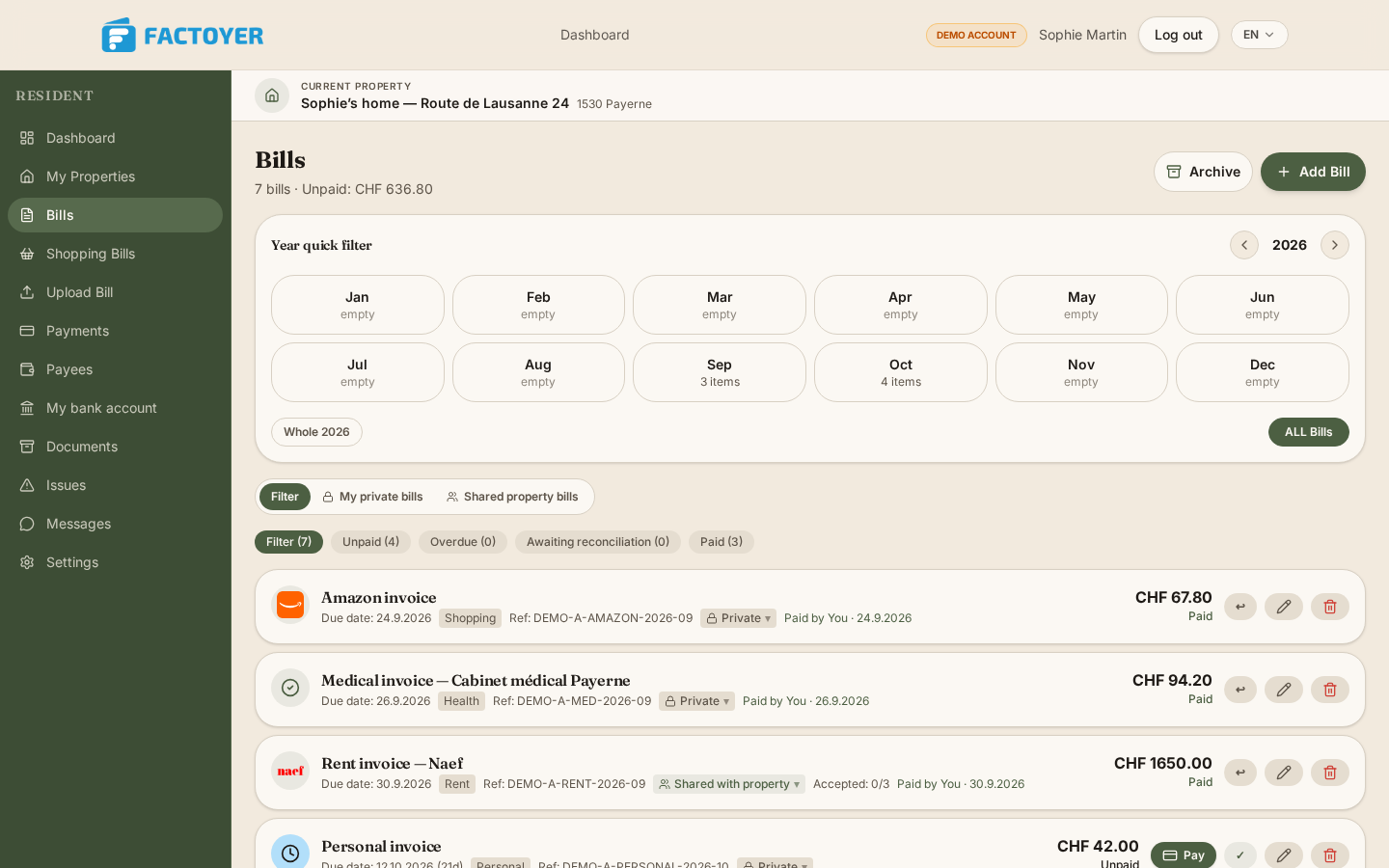 Factoyer dashboard on desktop with open and paid bills